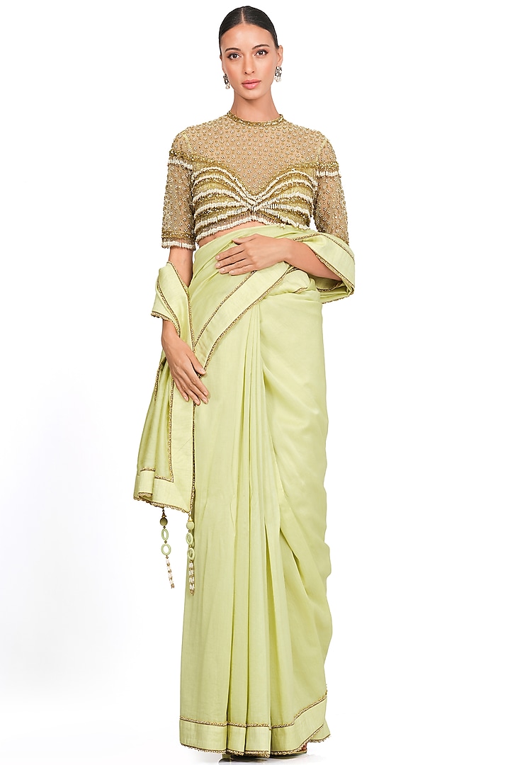 Light Green Net Embroidered Saree Set by Rocky Star
