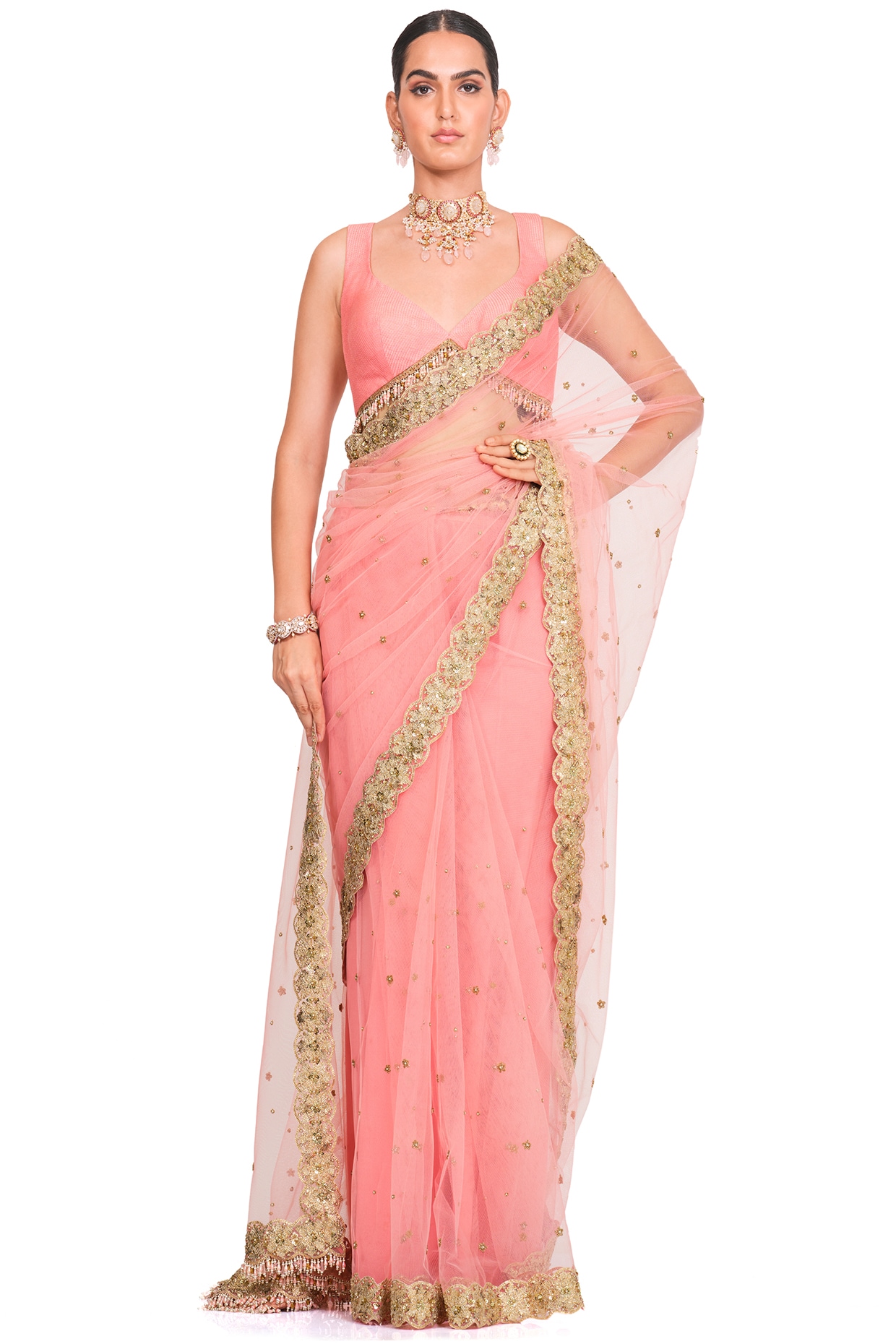 Coral Pink Arya Organza Shimmer Gota Patti Embroidered Saree – TASARIKA -  India's Most Loved Sarees!