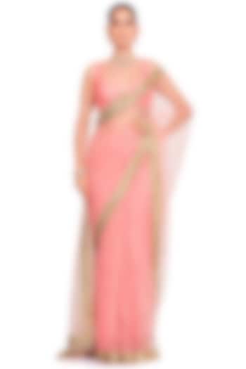 Coral Pink Net Embroidered Saree Set by Rocky Star