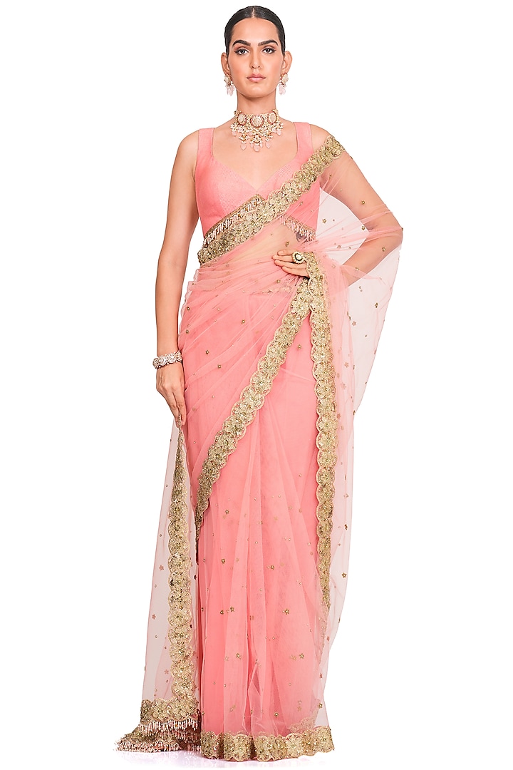 Coral Pink Net Embroidered Saree Set by Rocky Star