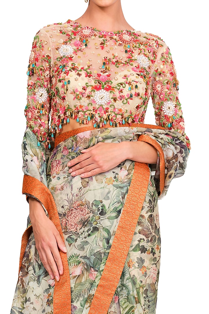 Multi-Colored Organza Printed & Tassel Embroidered Reception Saree Set by Rocky Star at Pernia's Pop Up Shop