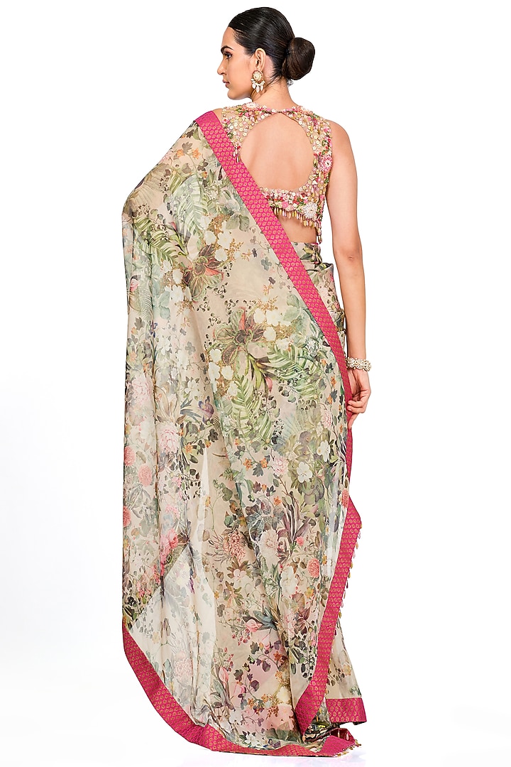Multi-Colored Organza Printed & Tassel Embroidered Reception Saree Set by Rocky Star at Pernia's Pop Up Shop