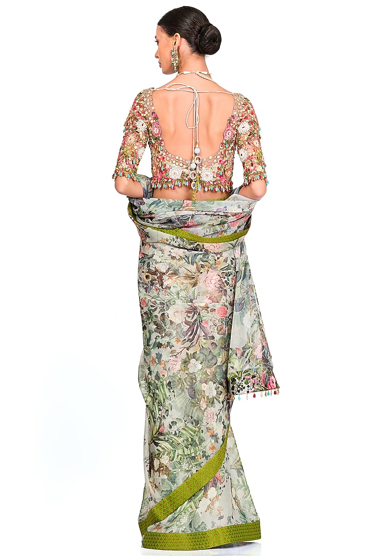 Multi-Colored Organza Printed & Tassel Embroidered Reception Saree Set by Rocky Star at Pernia's Pop Up Shop