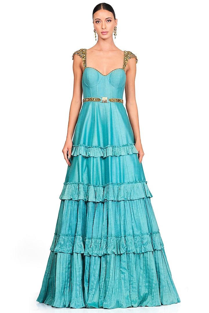 Turquoise Embroidered Gown by Rocky Star