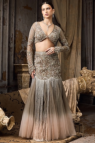 Grey & Pink Ombre Net Hand Embroidered Lehenga Set by Rocky Star