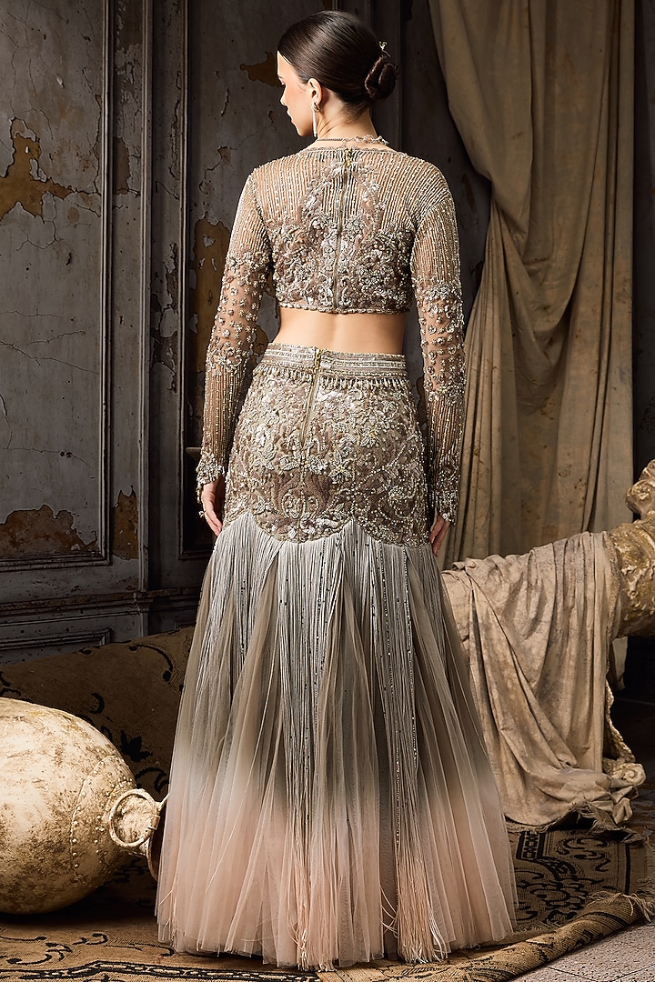 Grey & Pink Ombre Net Hand Embroidered Bridal Lehenga Set by Rocky Star at Pernia's Pop Up Shop