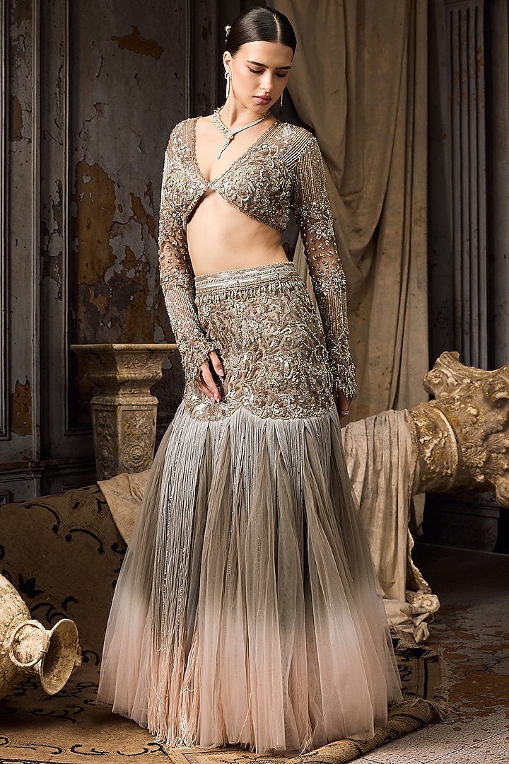 Grey & Pink Ombre Net Hand Embroidered Bridal Lehenga Set by Rocky Star at Pernia's Pop Up Shop