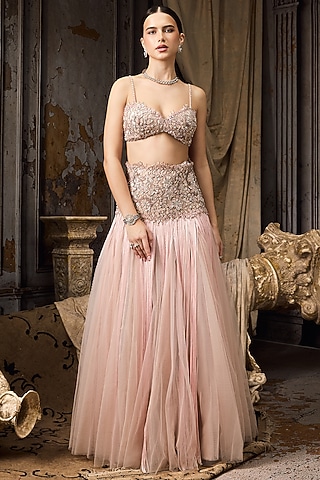 Pink Tulle & Net Hand Embroidered Lehenga Set by Rocky Star