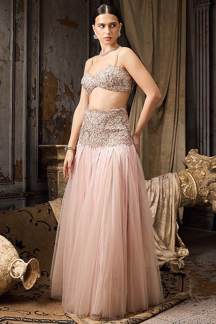 Pink Tulle & Net Hand Embroidered Bridal Lehenga Set by Rocky Star at Pernia's Pop Up Shop