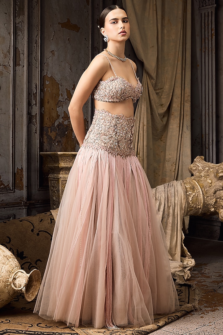 Pink Tulle & Net Hand Embroidered Bridal Lehenga Set by Rocky Star at Pernia's Pop Up Shop