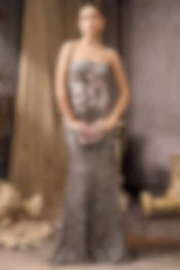 Grey & Pink Net Hand Embroidered Bridal Gown by Rocky Star at Pernia's Pop Up Shop