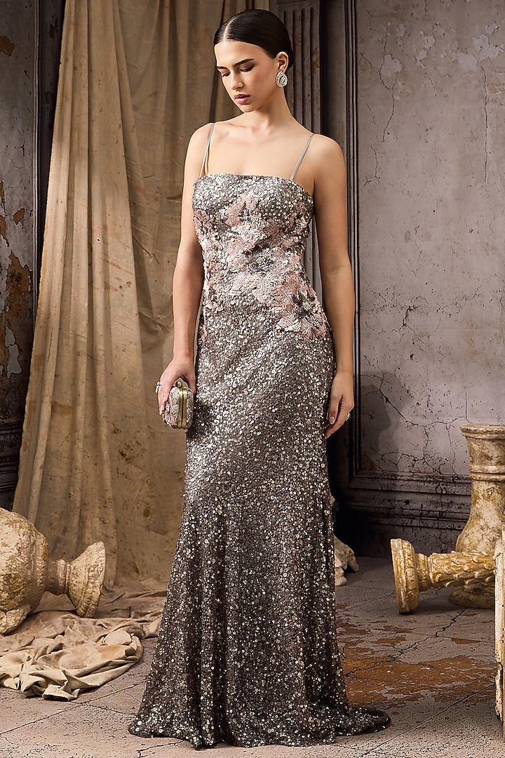 Grey & Pink Net Hand Embroidered Bridal Gown by Rocky Star at Pernia's Pop Up Shop
