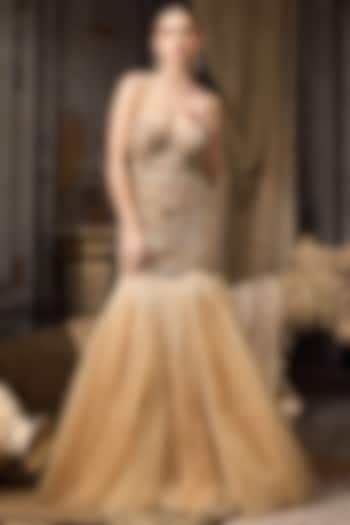 Pale Yellow Net & Tulle Bead Embroidered Bridal Gown by Rocky Star at Pernia's Pop Up Shop