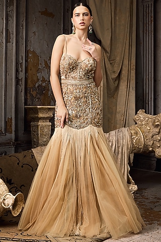 Pale Yellow Net & Tulle Bead Embroidered Gown by Rocky Star