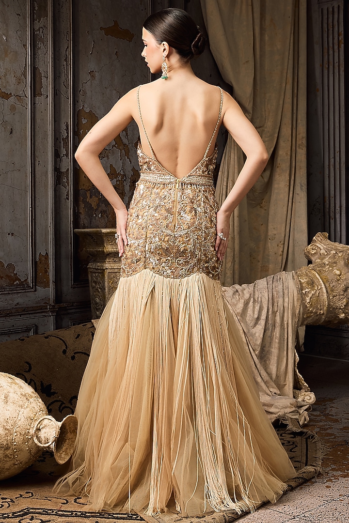 Pale Yellow Net & Tulle Bead Embroidered Bridal Gown by Rocky Star at Pernia's Pop Up Shop