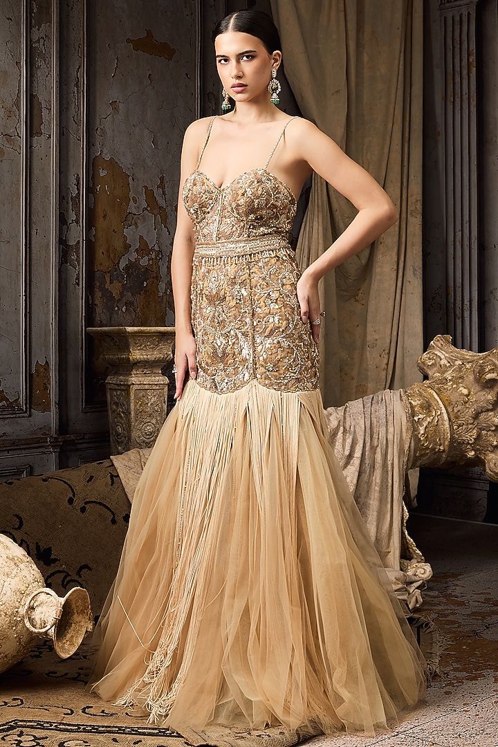 Pale Yellow Net & Tulle Bead Embroidered Bridal Gown by Rocky Star at Pernia's Pop Up Shop