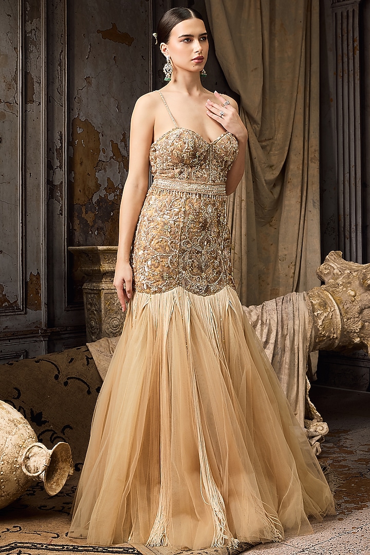 Pale Yellow Net & Tulle Bead Embroidered Bridal Gown by Rocky Star at Pernia's Pop Up Shop