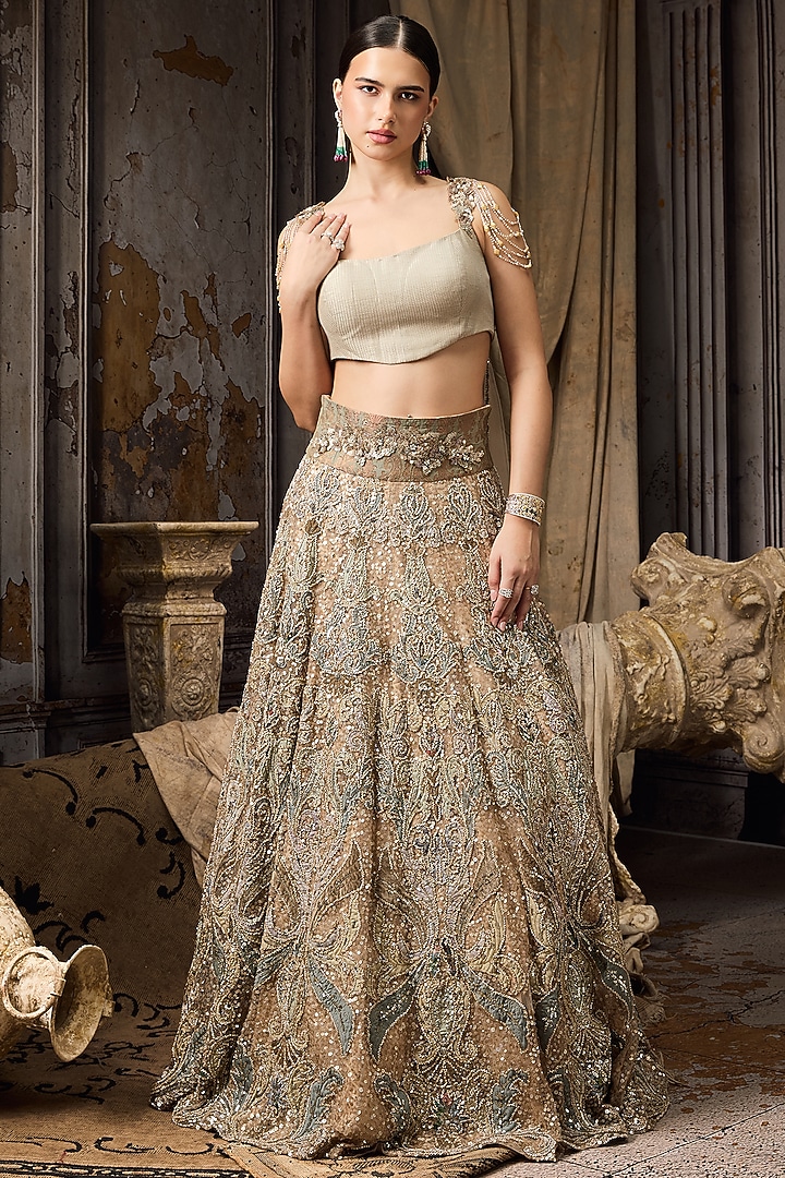 Green Net Hand Embroidered Bridal Lehenga Set by Rocky Star at Pernia's Pop Up Shop