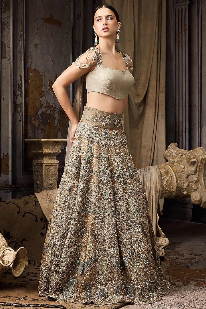 Green Net Hand Embroidered Bridal Lehenga Set by Rocky Star at Pernia's Pop Up Shop