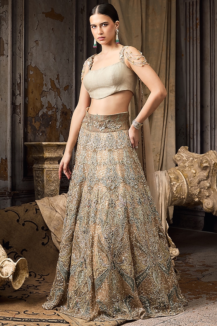 Green Net Hand Embroidered Bridal Lehenga Set by Rocky Star at Pernia's Pop Up Shop