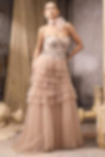 Pink Net Hand Embellished Ruffled Bridal Gown by Rocky Star at Pernia's Pop Up Shop