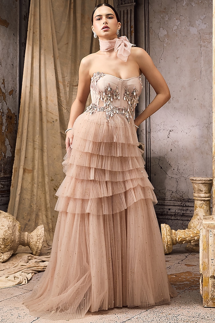 Pink Net Hand Embellished Ruffled Bridal Gown by Rocky Star at Pernia's Pop Up Shop