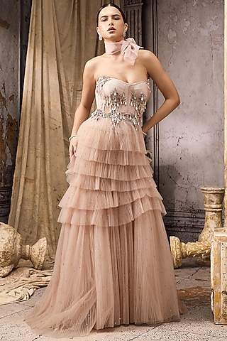 Pink Net Hand Embellished Ruffled Gown by Rocky Star