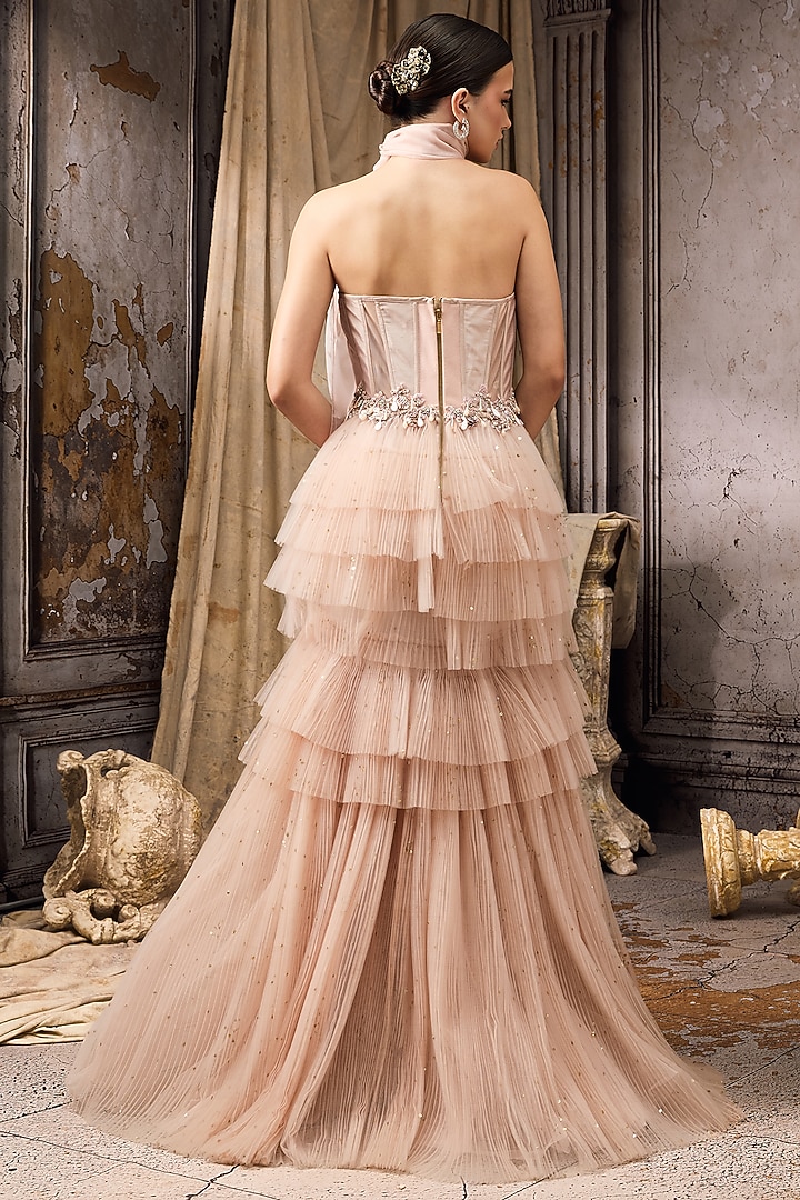 Pink Net Hand Embellished Ruffled Bridal Gown by Rocky Star at Pernia's Pop Up Shop
