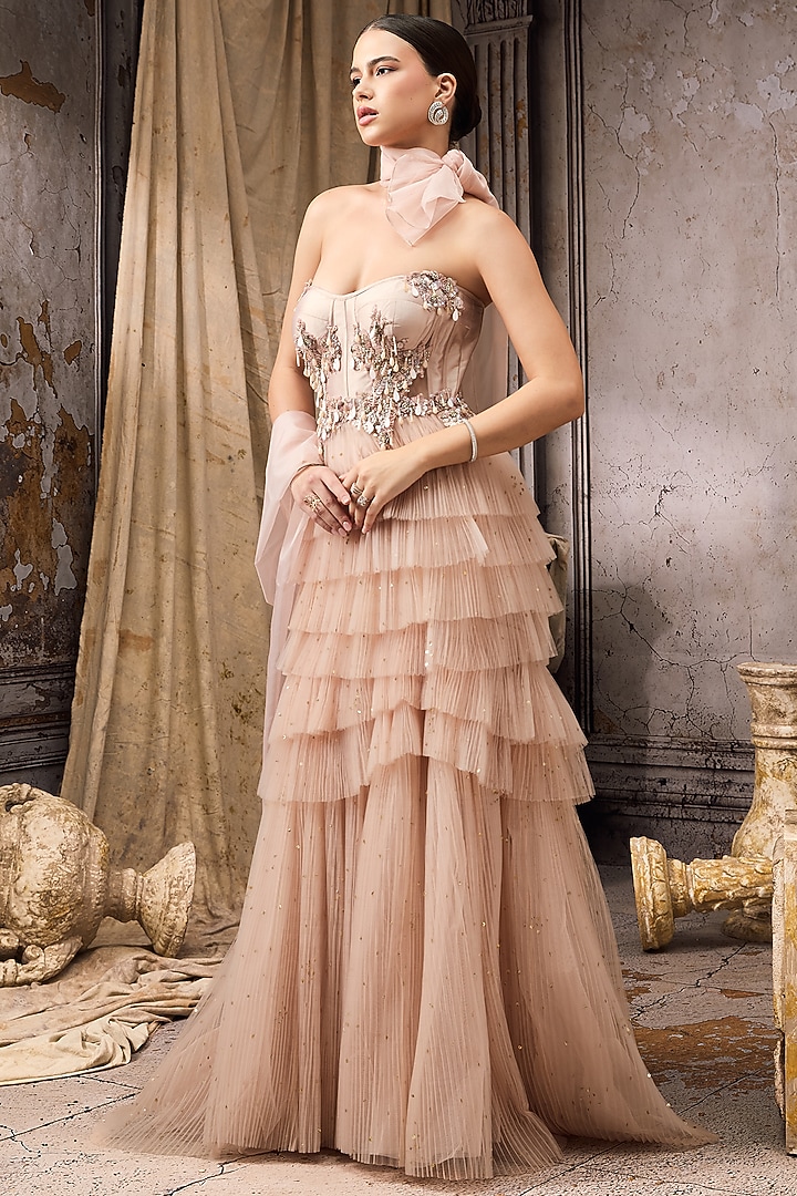Pink Net Hand Embellished Ruffled Bridal Gown by Rocky Star at Pernia's Pop Up Shop