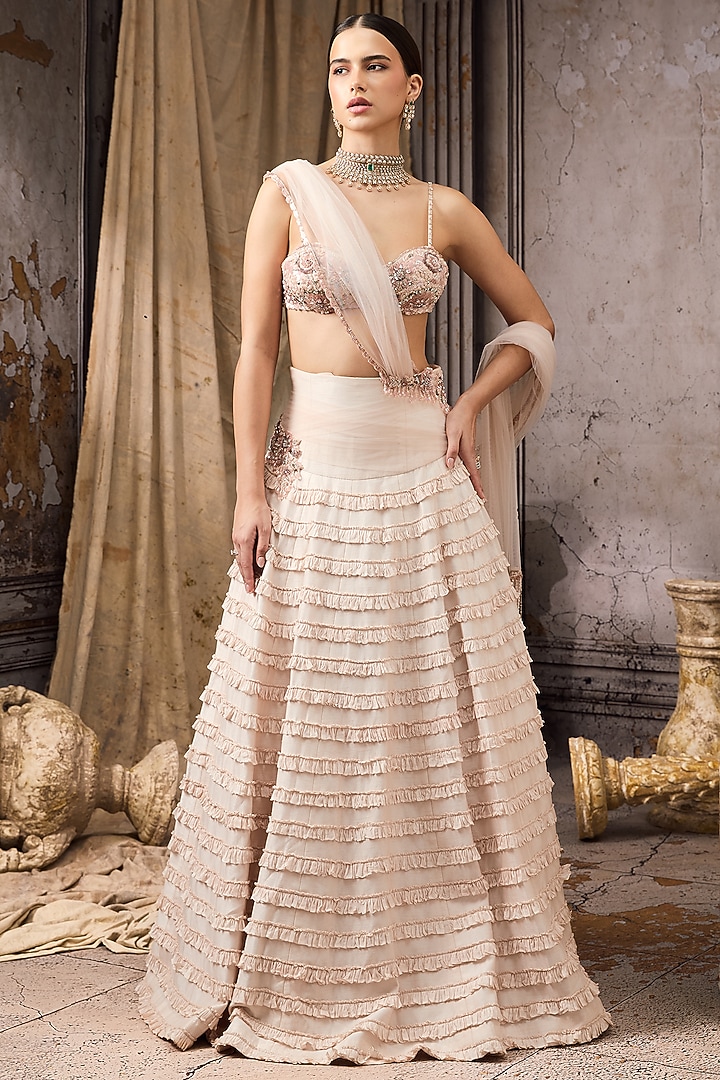 Pink Raw Silk & Net Ruffled Bridal Lehenga Set by Rocky Star at Pernia's Pop Up Shop