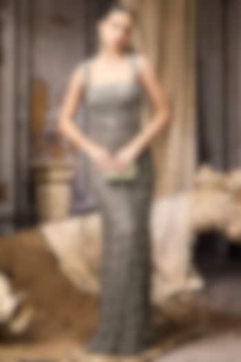 Grey Net & Lace Hand Embroidered Bridal Gown by Rocky Star at Pernia's Pop Up Shop