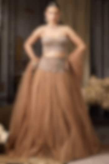 Nude Net & Tulle Hand Embroidered Bridal Lehenga Set by Rocky Star at Pernia's Pop Up Shop