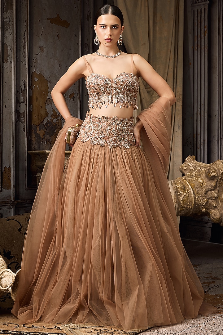 Nude Net & Tulle Hand Embroidered Bridal Lehenga Set by Rocky Star at Pernia's Pop Up Shop