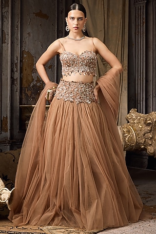Nude Net & Tulle Hand Embroidered Lehenga Set by Rocky Star