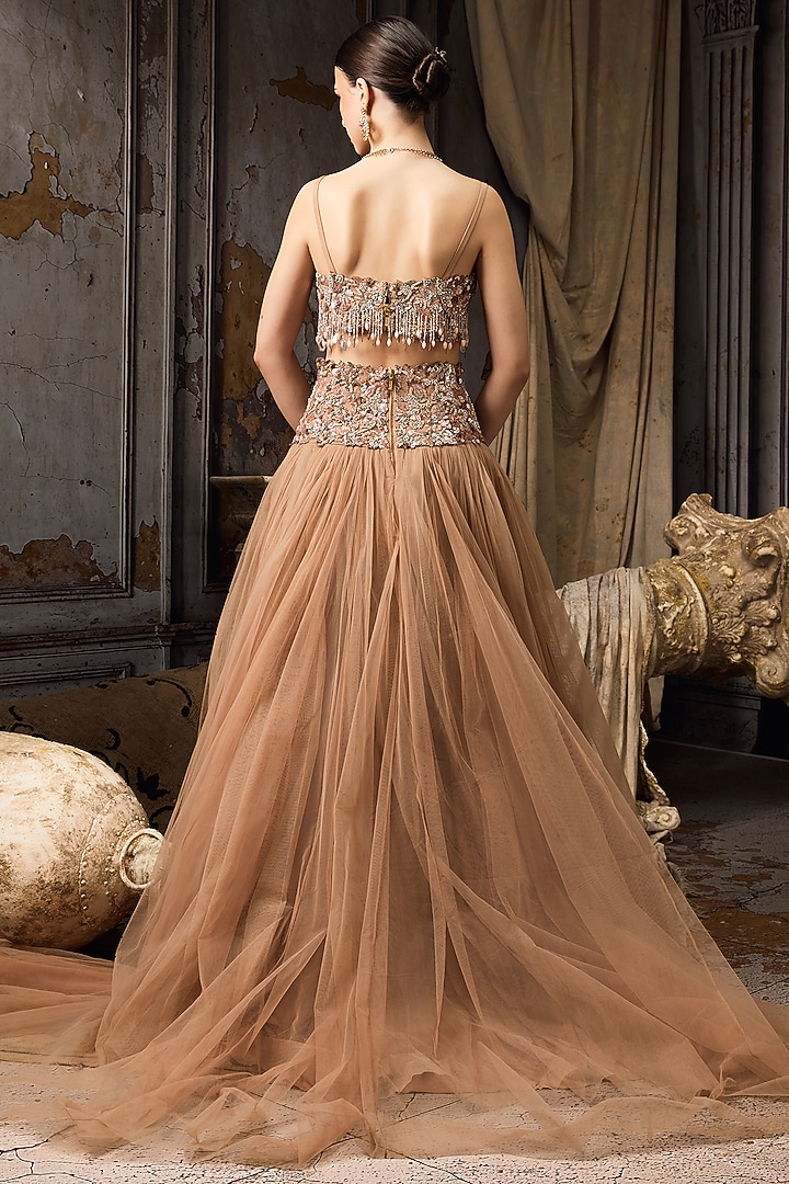 Nude Net & Tulle Hand Embroidered Bridal Lehenga Set by Rocky Star at Pernia's Pop Up Shop