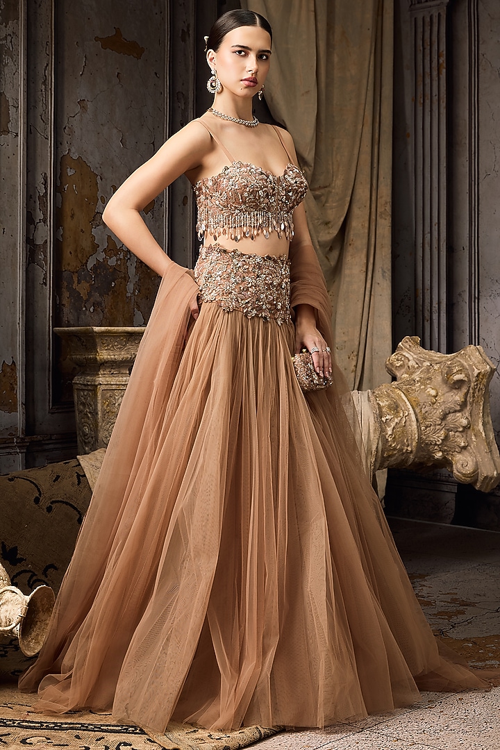 Nude Net & Tulle Hand Embroidered Bridal Lehenga Set by Rocky Star at Pernia's Pop Up Shop