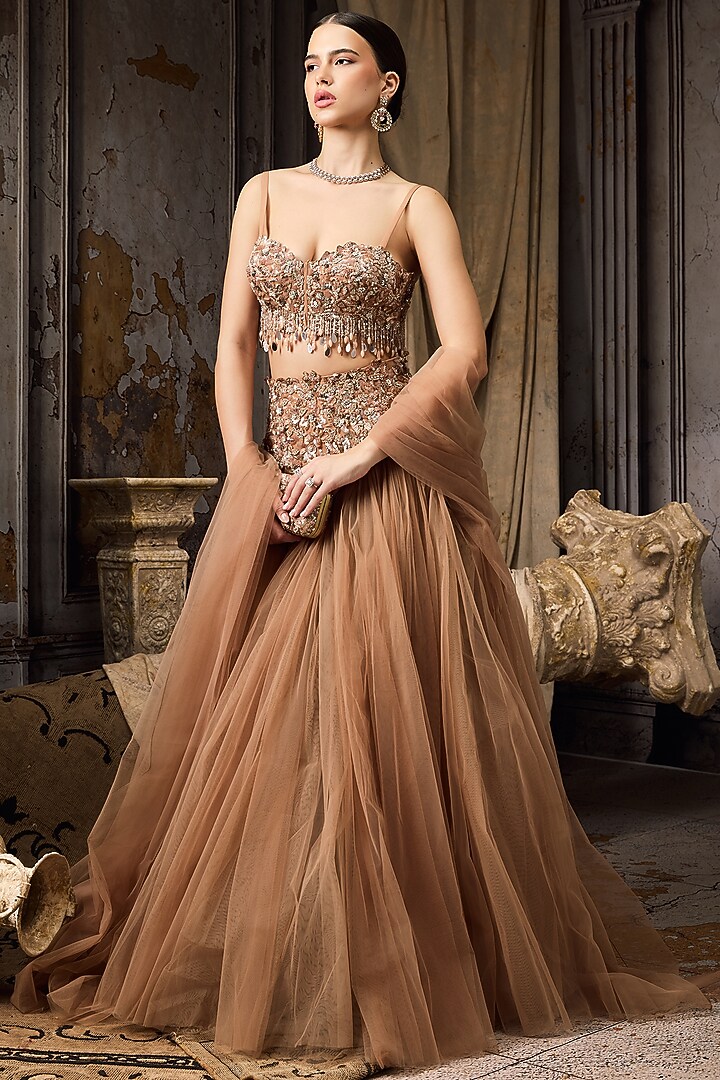 Nude Net & Tulle Hand Embroidered Bridal Lehenga Set by Rocky Star at Pernia's Pop Up Shop