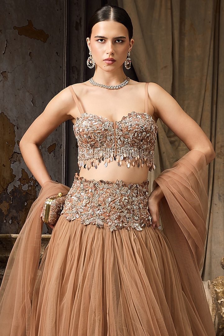 Nude Net & Tulle Hand Embroidered Bridal Lehenga Set by Rocky Star at Pernia's Pop Up Shop
