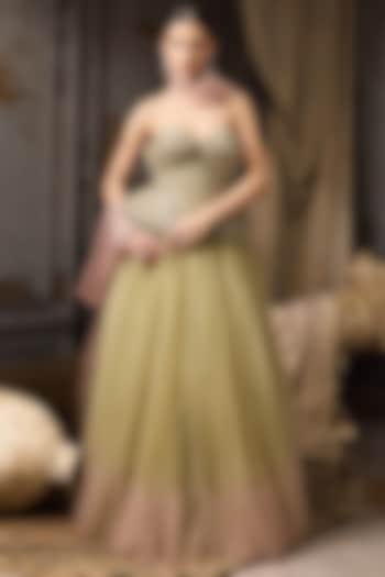 Green & Pink Ombre Soft Tulle Bridal Lehenga Set by Rocky Star at Pernia's Pop Up Shop