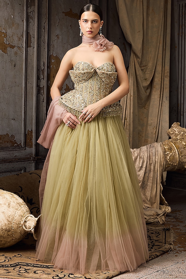 Green & Pink Ombre Soft Tulle Bridal Lehenga Set by Rocky Star at Pernia's Pop Up Shop