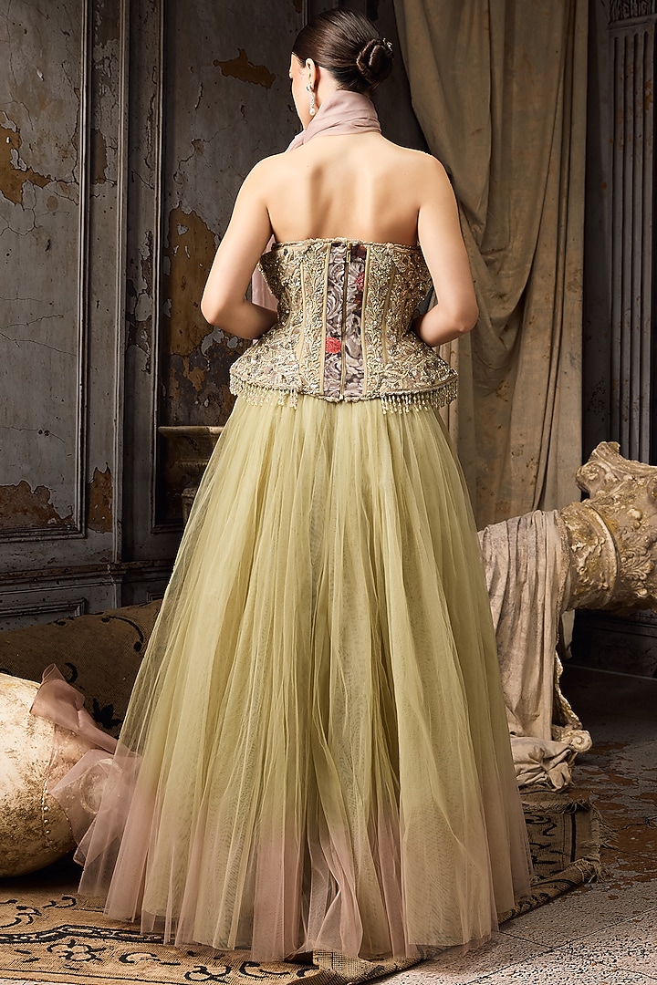 Green & Pink Ombre Soft Tulle Bridal Lehenga Set by Rocky Star at Pernia's Pop Up Shop