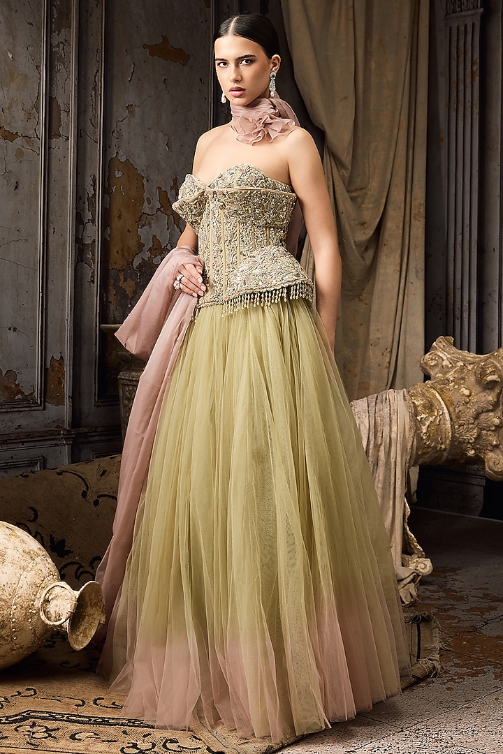 Green & Pink Ombre Soft Tulle Bridal Lehenga Set by Rocky Star at Pernia's Pop Up Shop