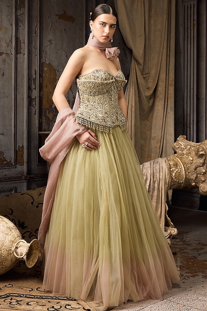 Green & Pink Ombre Soft Tulle Bridal Lehenga Set by Rocky Star at Pernia's Pop Up Shop
