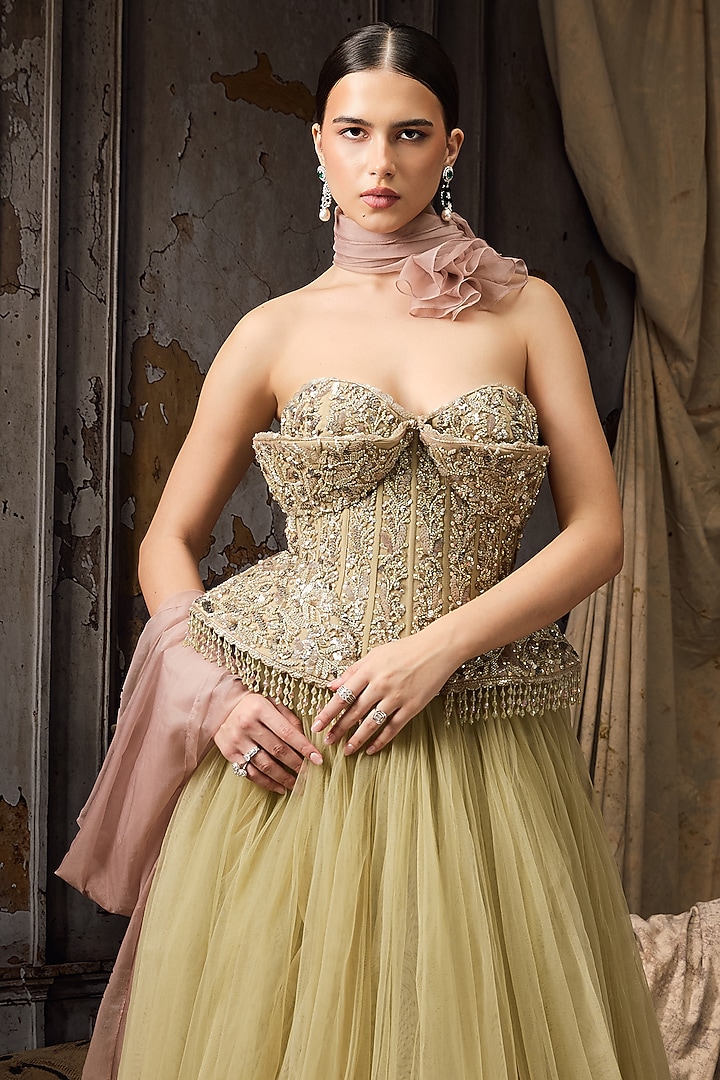 Green & Pink Ombre Soft Tulle Bridal Lehenga Set by Rocky Star at Pernia's Pop Up Shop