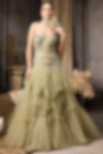 Green Soft Tulle & Net Crystal Hand Embellished Corset Bridal Gown by Rocky Star at Pernia's Pop Up Shop