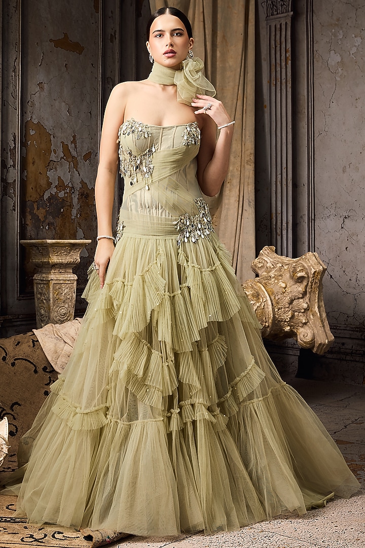 Green Soft Tulle & Net Crystal Hand Embellished Corset Bridal Gown by Rocky Star at Pernia's Pop Up Shop