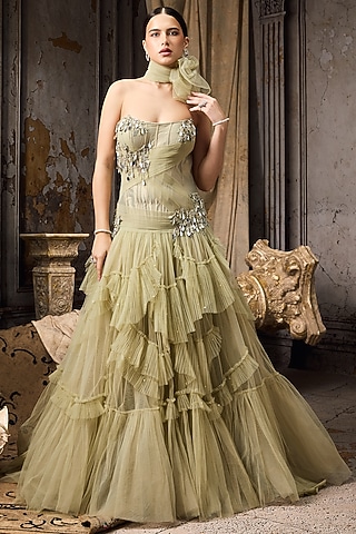 Green Soft Tulle & Net Crystal Hand Embellished Corset Gown by Rocky Star