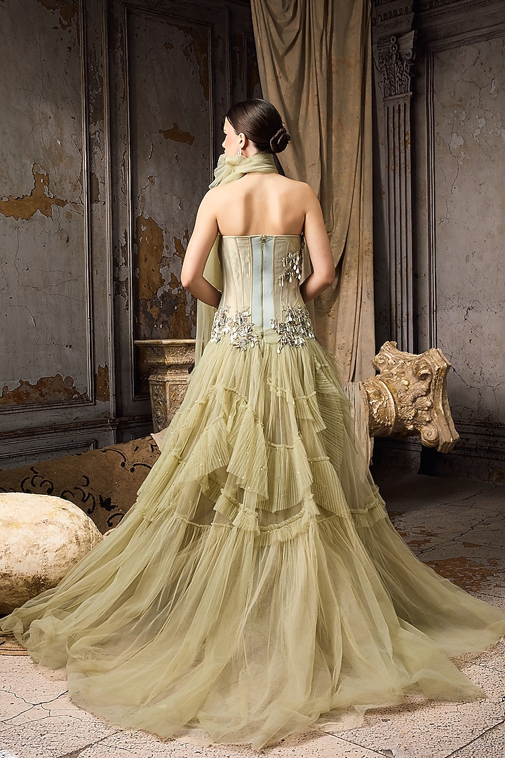 Green Soft Tulle & Net Crystal Hand Embellished Corset Bridal Gown by Rocky Star at Pernia's Pop Up Shop