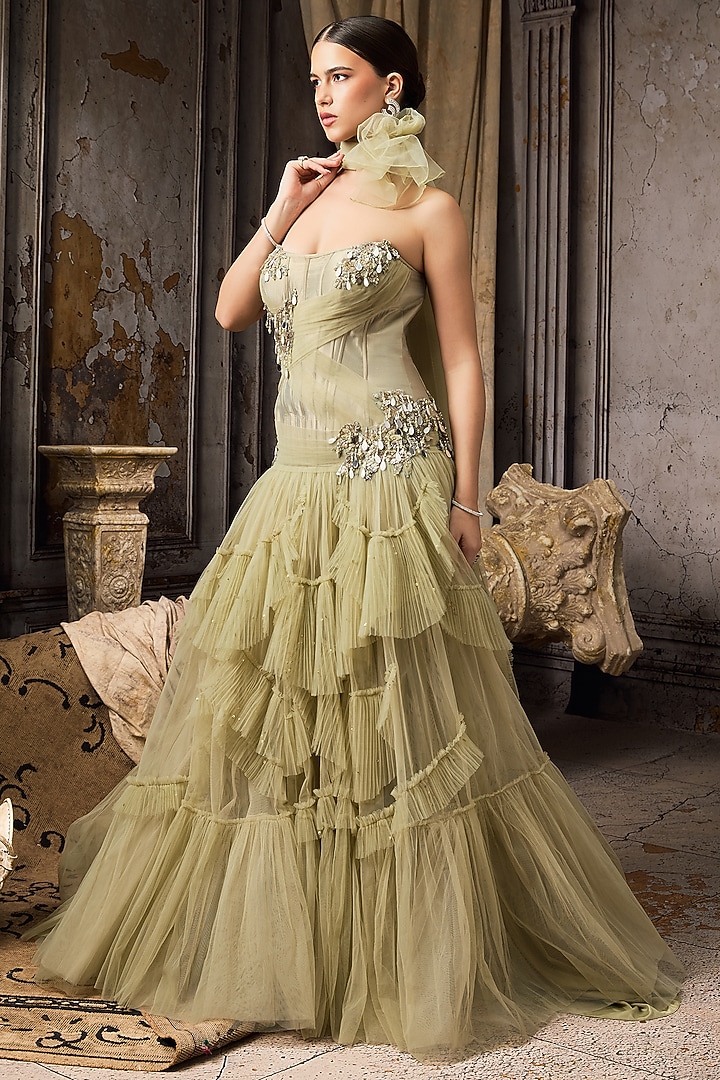 Green Soft Tulle & Net Crystal Hand Embellished Corset Bridal Gown by Rocky Star at Pernia's Pop Up Shop