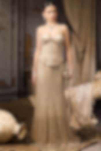 Beige Velvet & Net Hand Embroidered Bridal Lehenga Set by Rocky Star at Pernia's Pop Up Shop